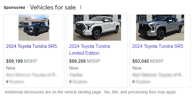 Google Vehicle Listing Ad Inventory Feed for Performance Max Campaign Google Vehicle Listing Ads showing new car inventory
