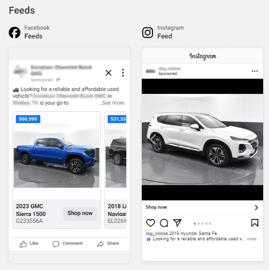 Facebook and Instagram Vehicle Catalog Feeds A picture of a car and a feed on the same page.