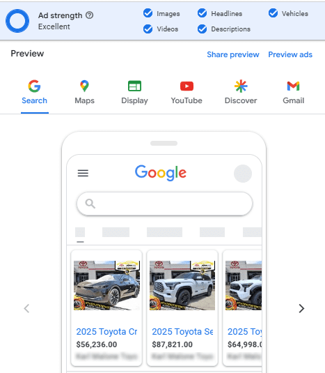 VLA2 Performance Max Campaign featuring Vehicle Listing Ads