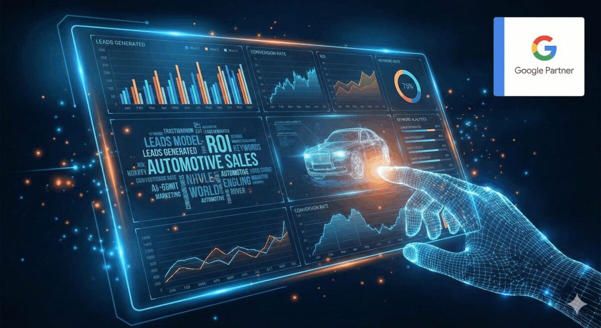 A futuristic holographic data dashboard displays automotive sales metrics, charts for leads and ROI, and a wireframe car model being interacted with by a digital hand. A Google Partner" logo is visible in the top right corner.